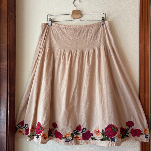 100% Cotton A-Line Pleated Midi Skirt Floral Embroidery Fall Cottagecore Size 14 - Picture 4 of 12